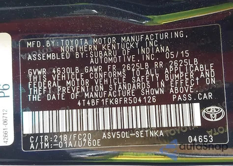 2015 Toyota Camry Le z USA, uszkodzony, nr VIN 4T4BF1FK8FR504126